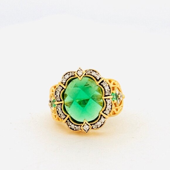 Estate Gold Over Sterling Silver Emerald & CZ Statement Ring, Size 6, 6.82g, Fil - Picture 1 of 10